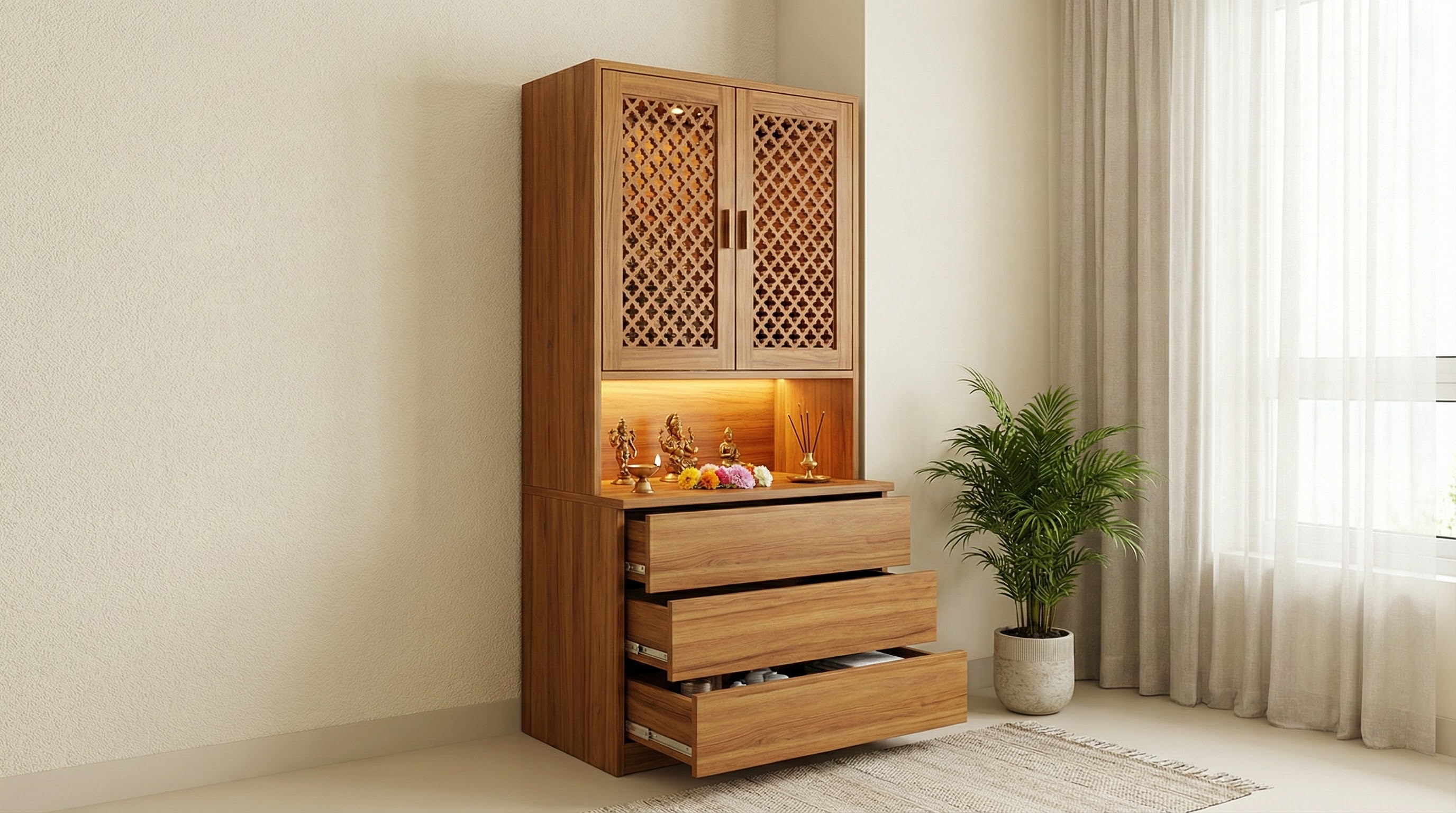 Puja room cabinet with storage for small apartments